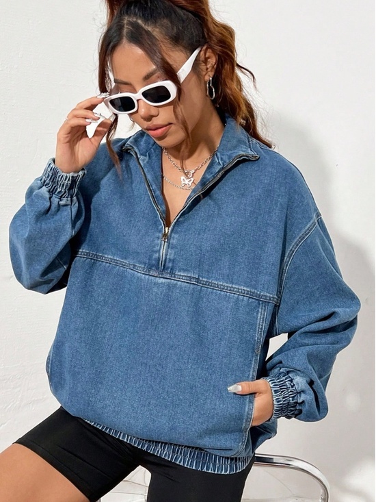 Jackets & Blazers - Woman’s Half Zip Elasticized Hem Denim Jacket in various